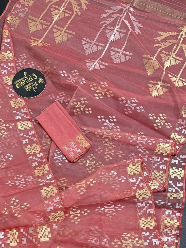 Peach Mishti Halfsilk Jamdani