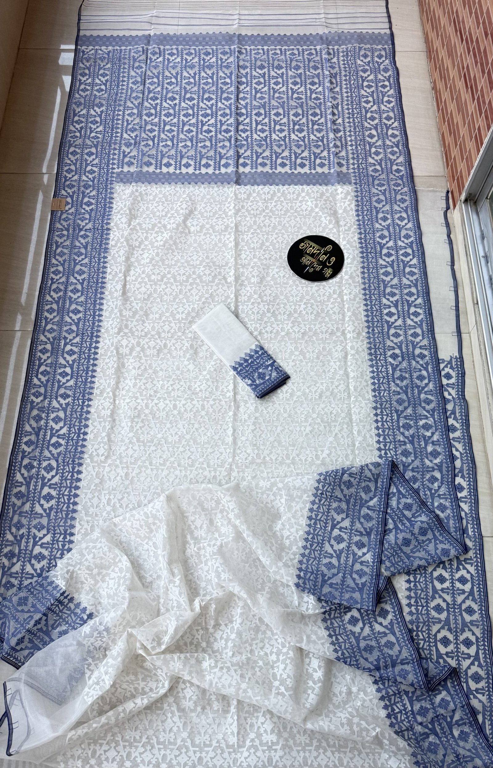 Nirmala White Blue Cotton Jamdani - Image 12