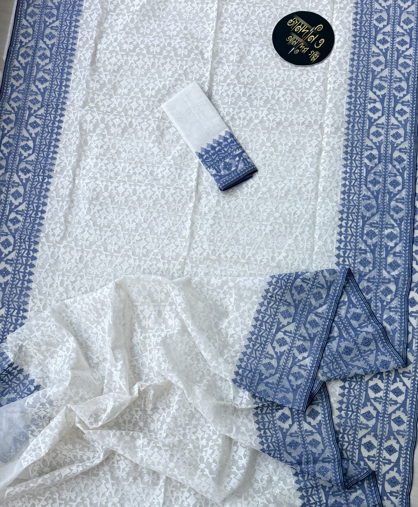 Nirmala White Blue Cotton Jamdani - Image 6