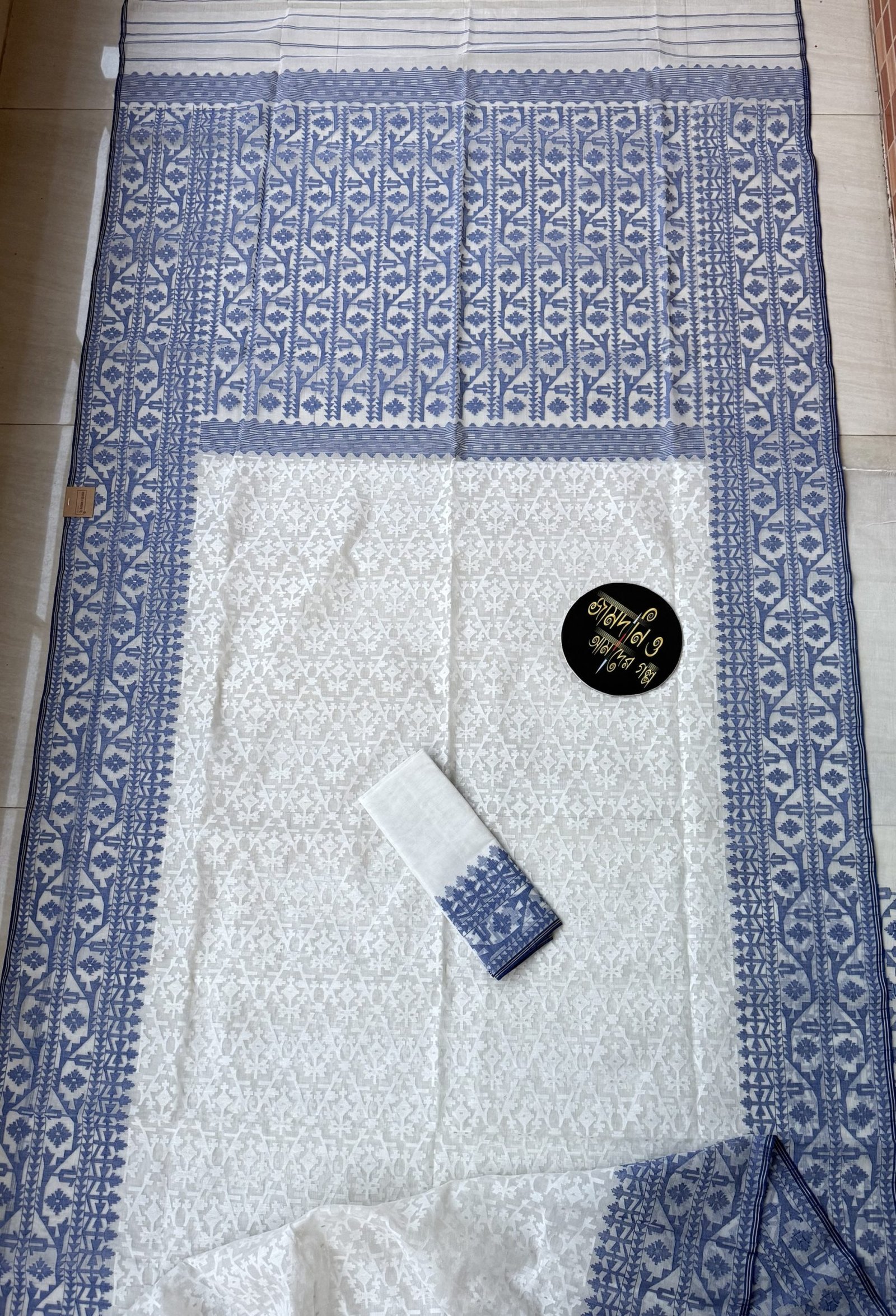 Nirmala White Blue Cotton Jamdani - Image 8