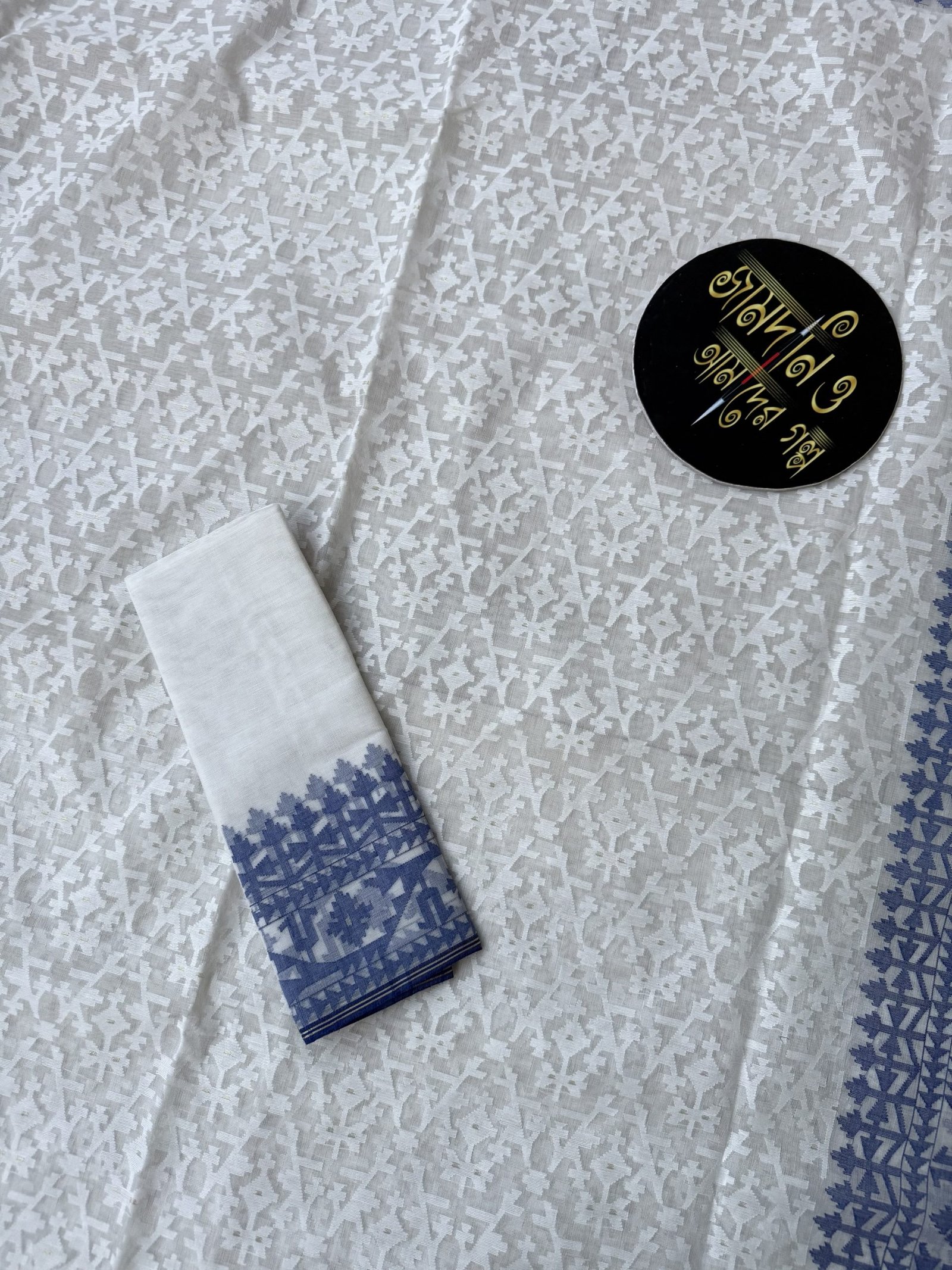 Nirmala White Blue Cotton Jamdani - Image 3