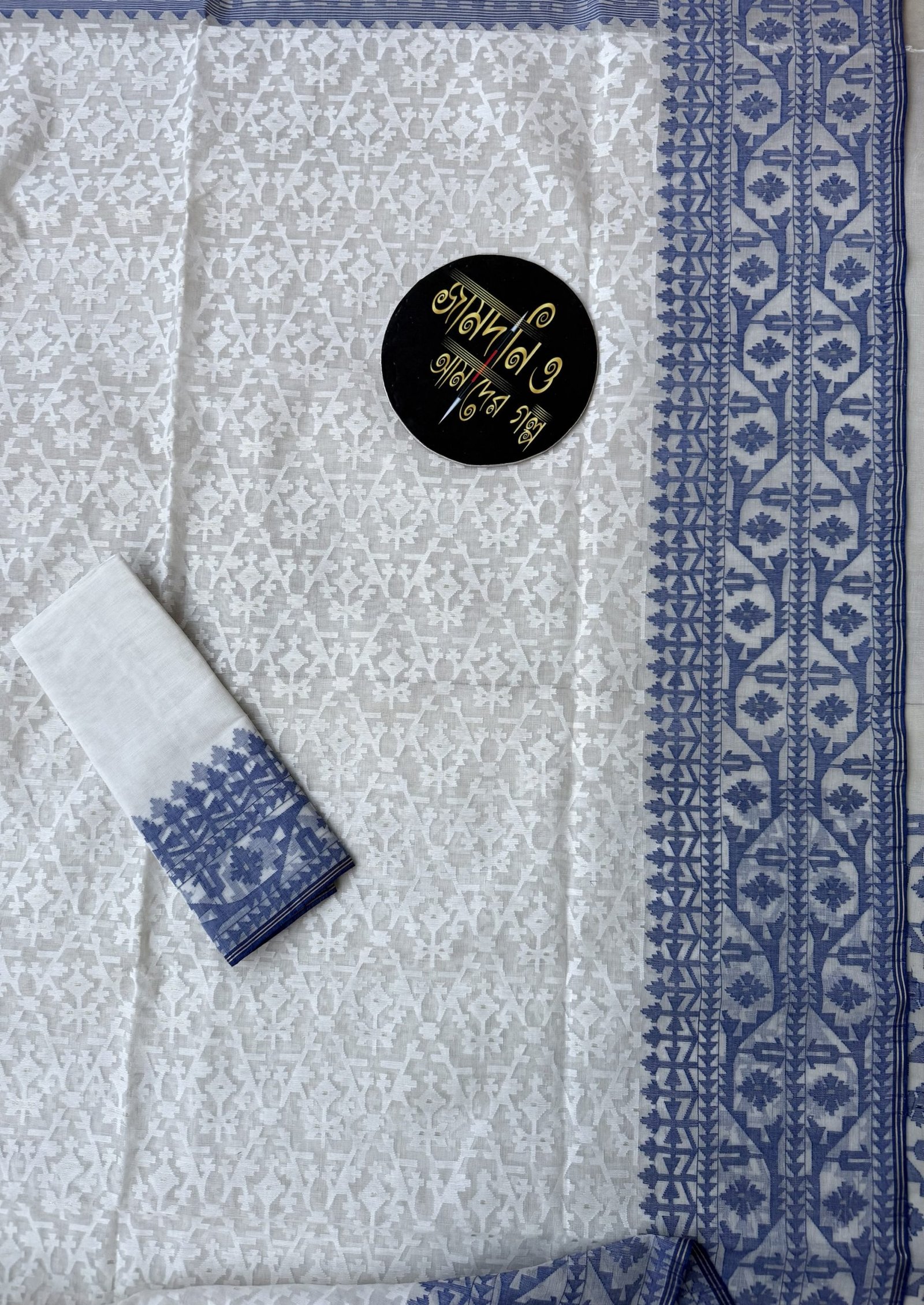 Nirmala White Blue Cotton Jamdani - Image 7