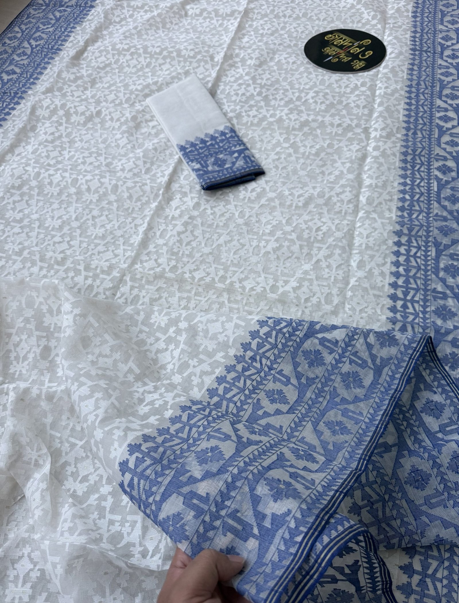 Nirmala White Blue Cotton Jamdani - Image 5