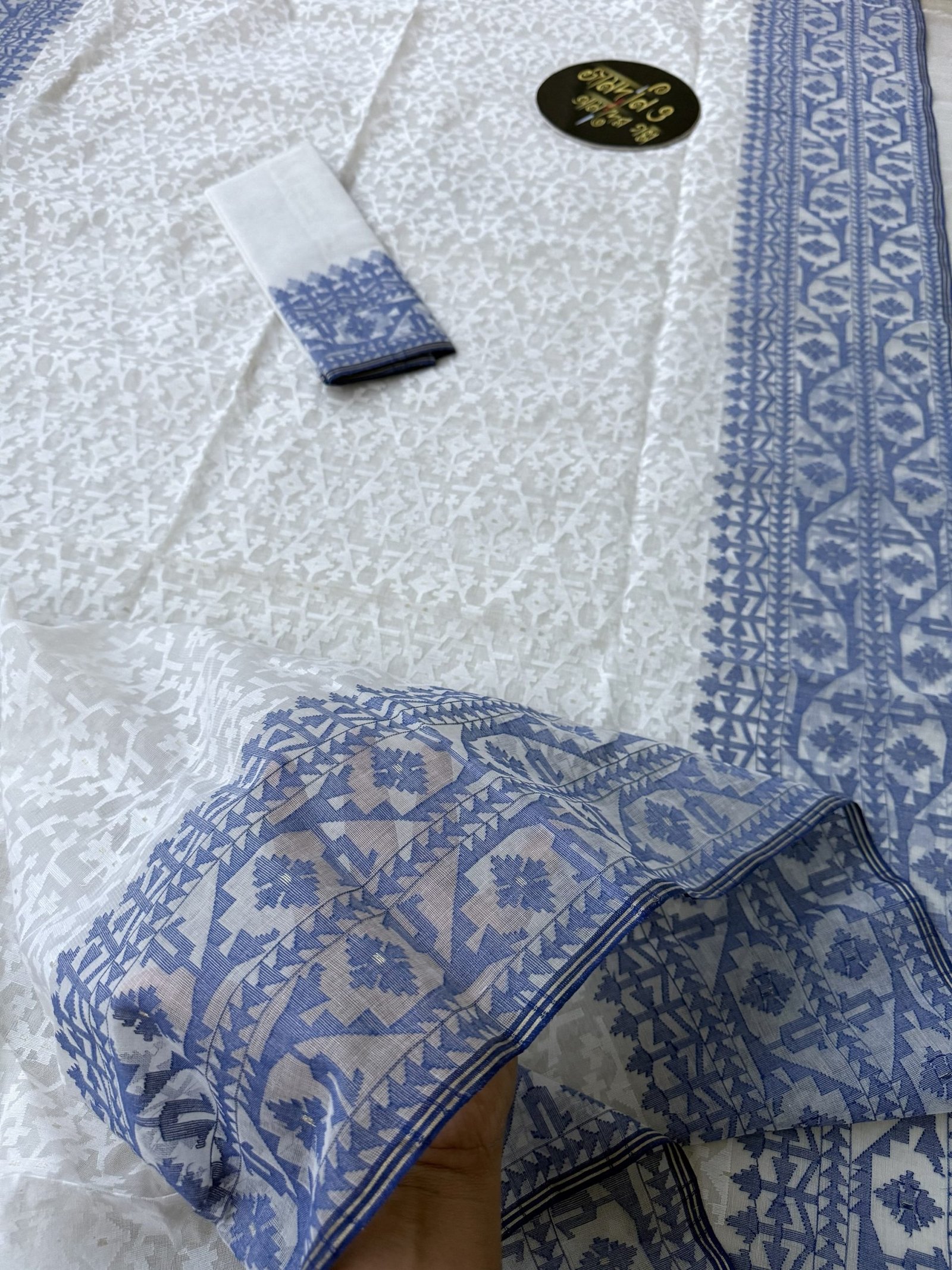 Nirmala White Blue Cotton Jamdani - Image 4