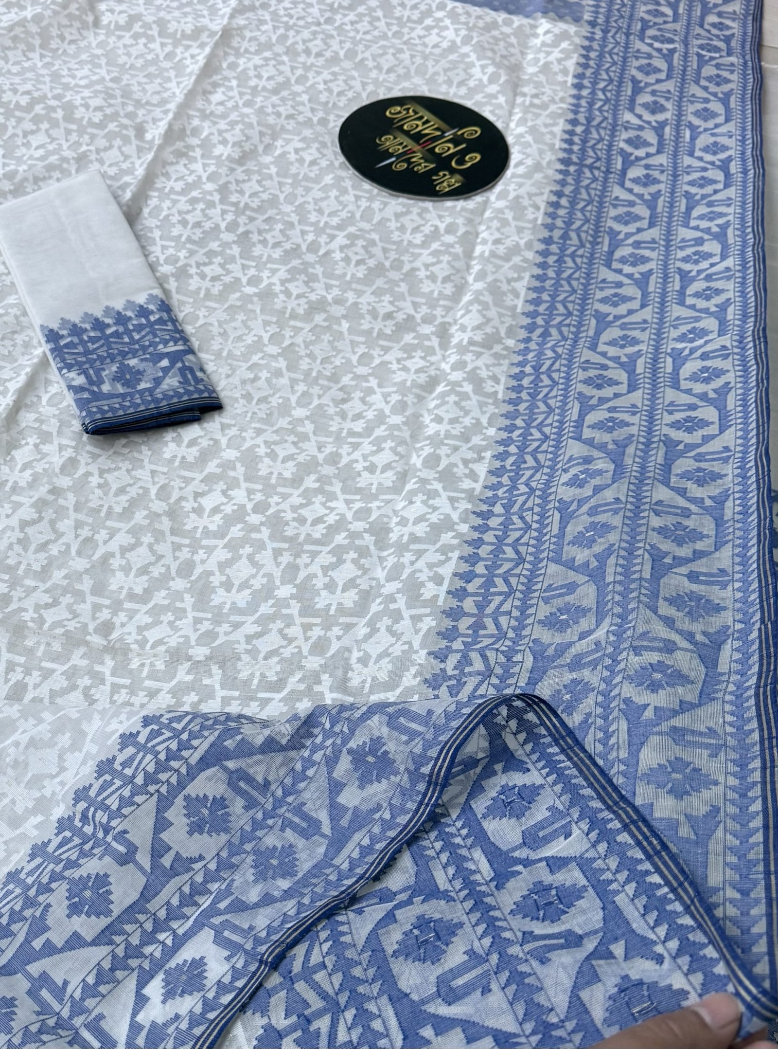 Nirmala White Blue Cotton Jamdani - Image 10