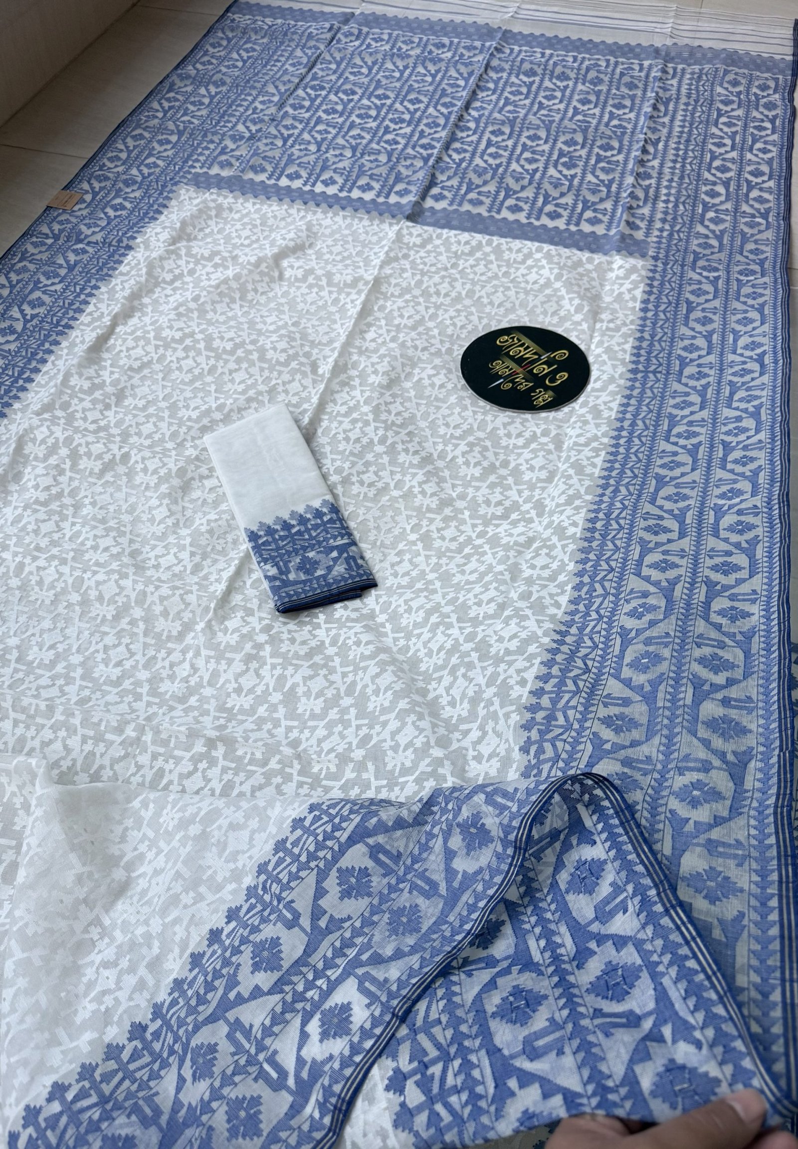 Nirmala White Blue Cotton Jamdani - Image 11