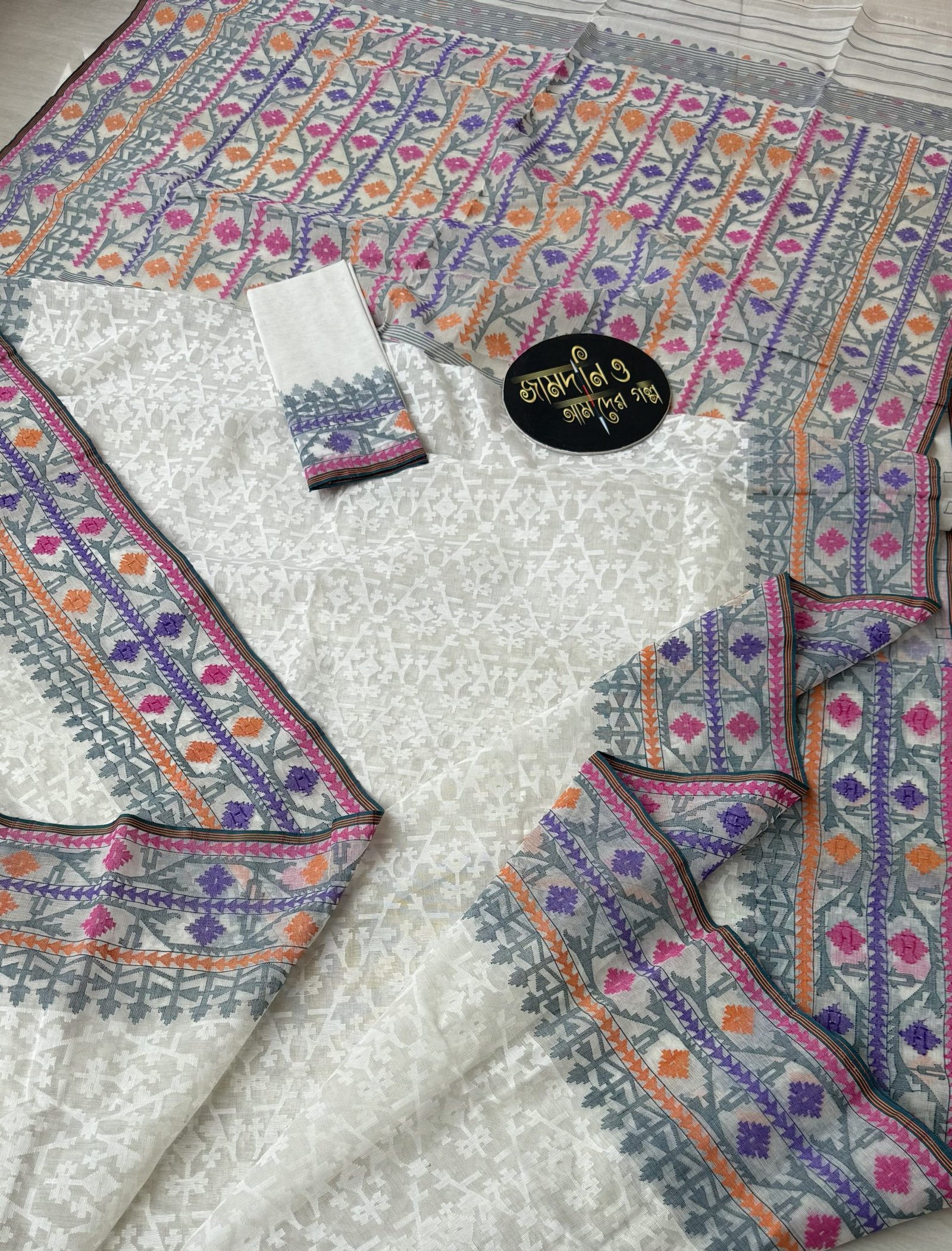 Nirmala White Multi Cotton Jamdani - Image 5