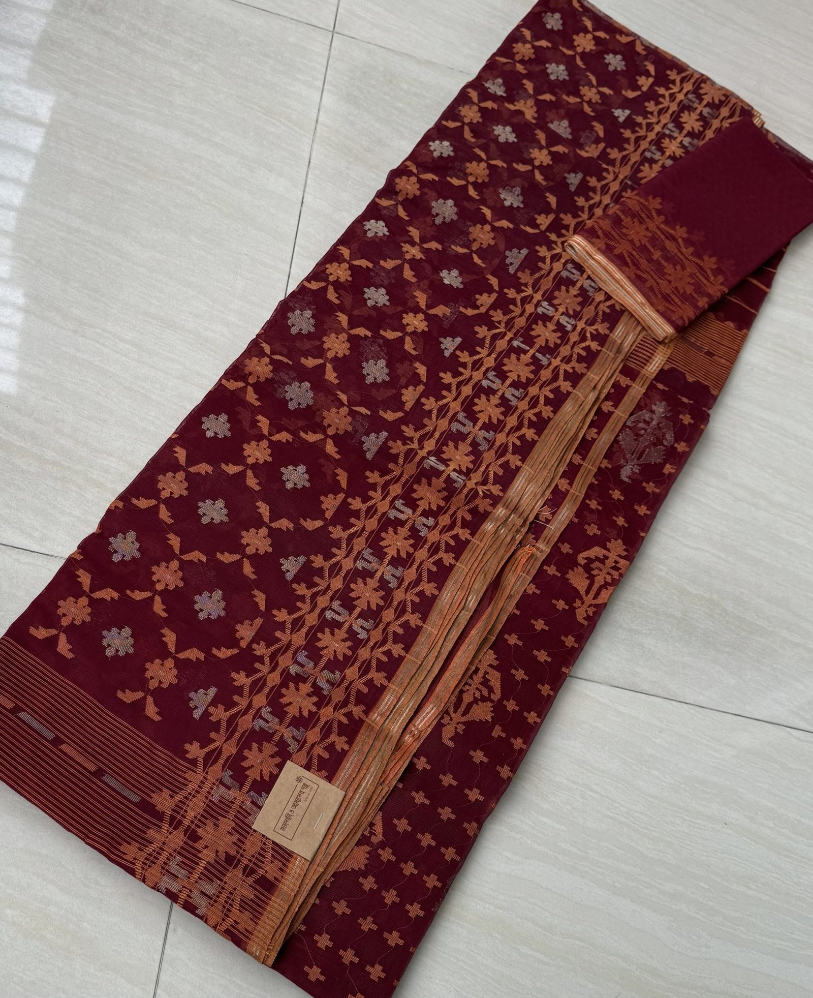 Maroon Orange Cotton Jamdani - Image 9