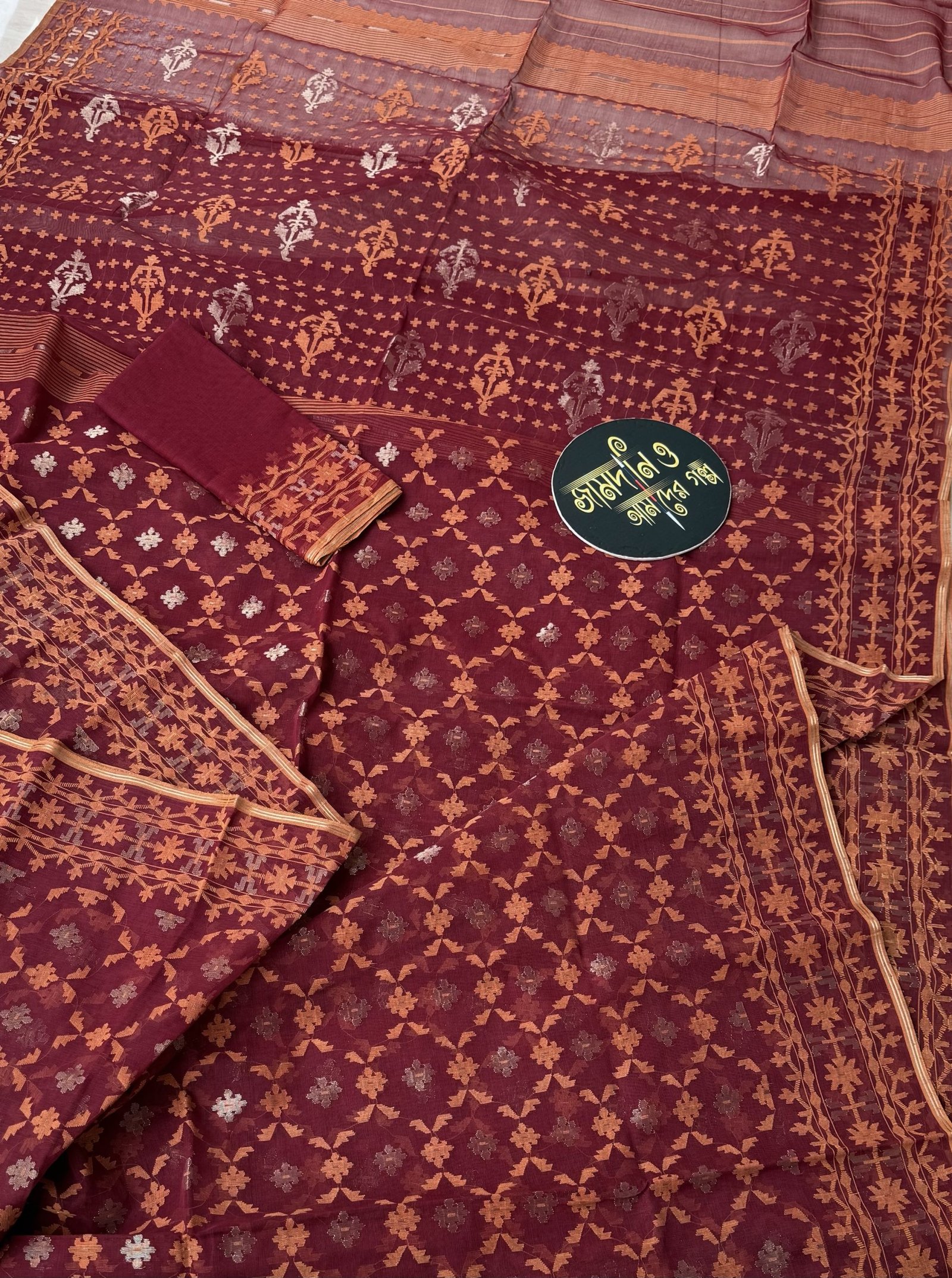 Maroon Orange Cotton Jamdani - Image 8