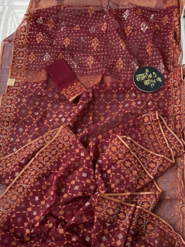 Maroon Orange Cotton Jamdani