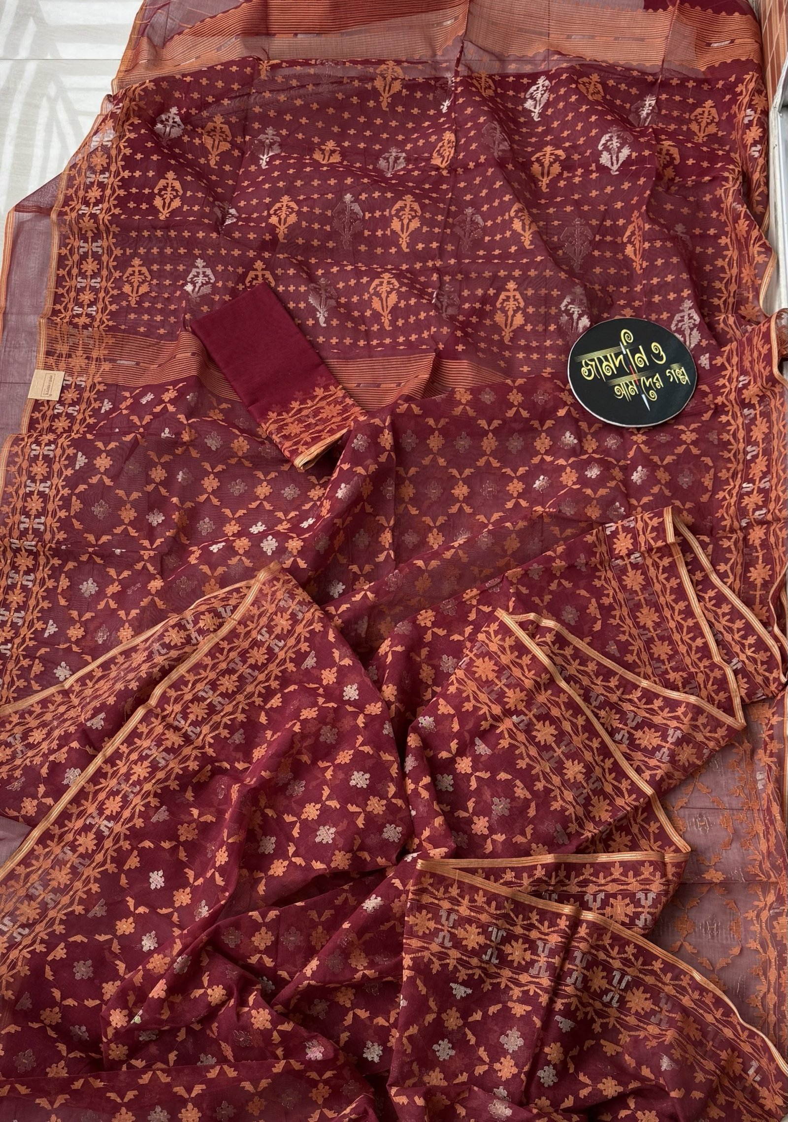 Maroon Orange Cotton Jamdani