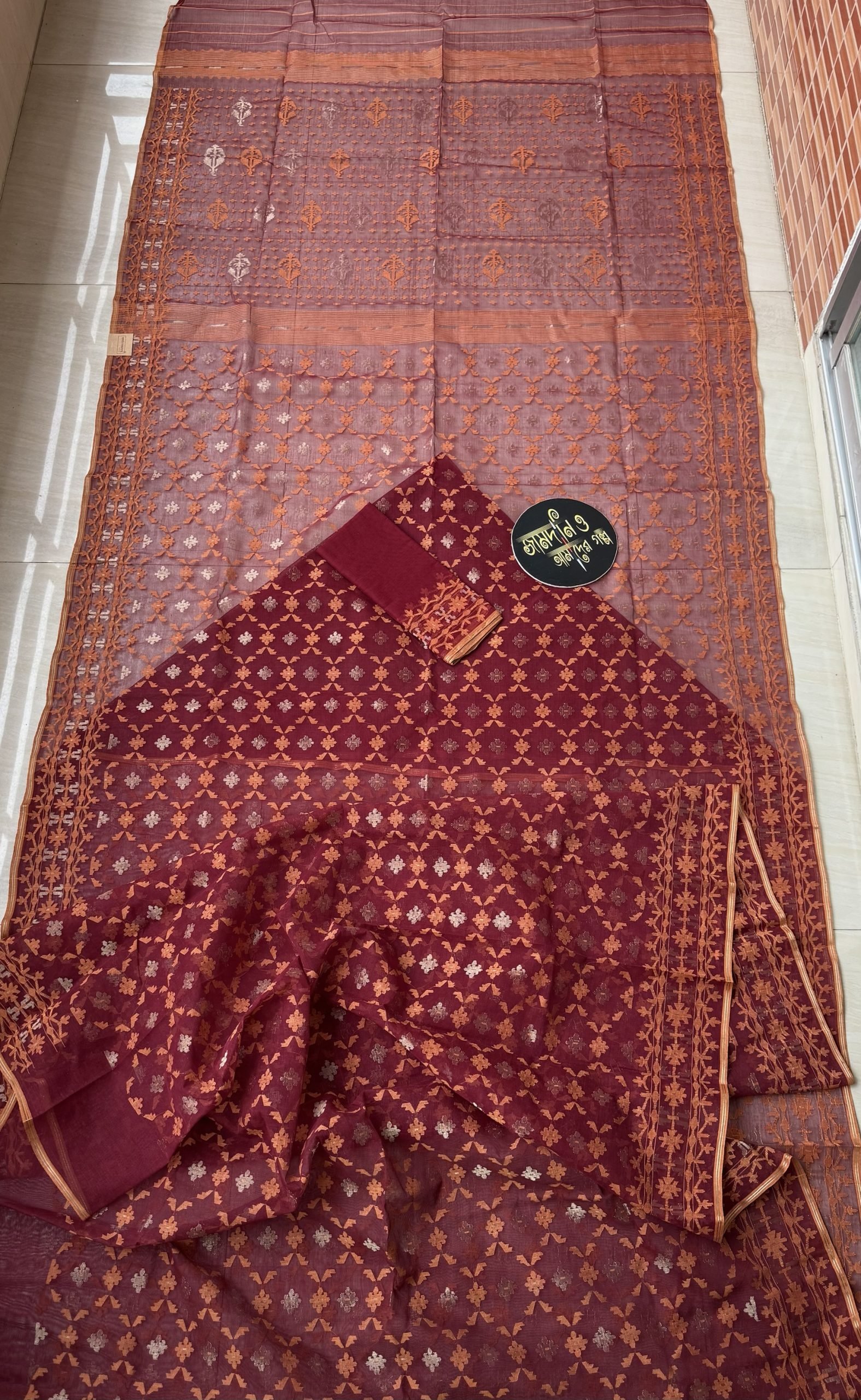 Maroon Orange Cotton Jamdani - Image 13