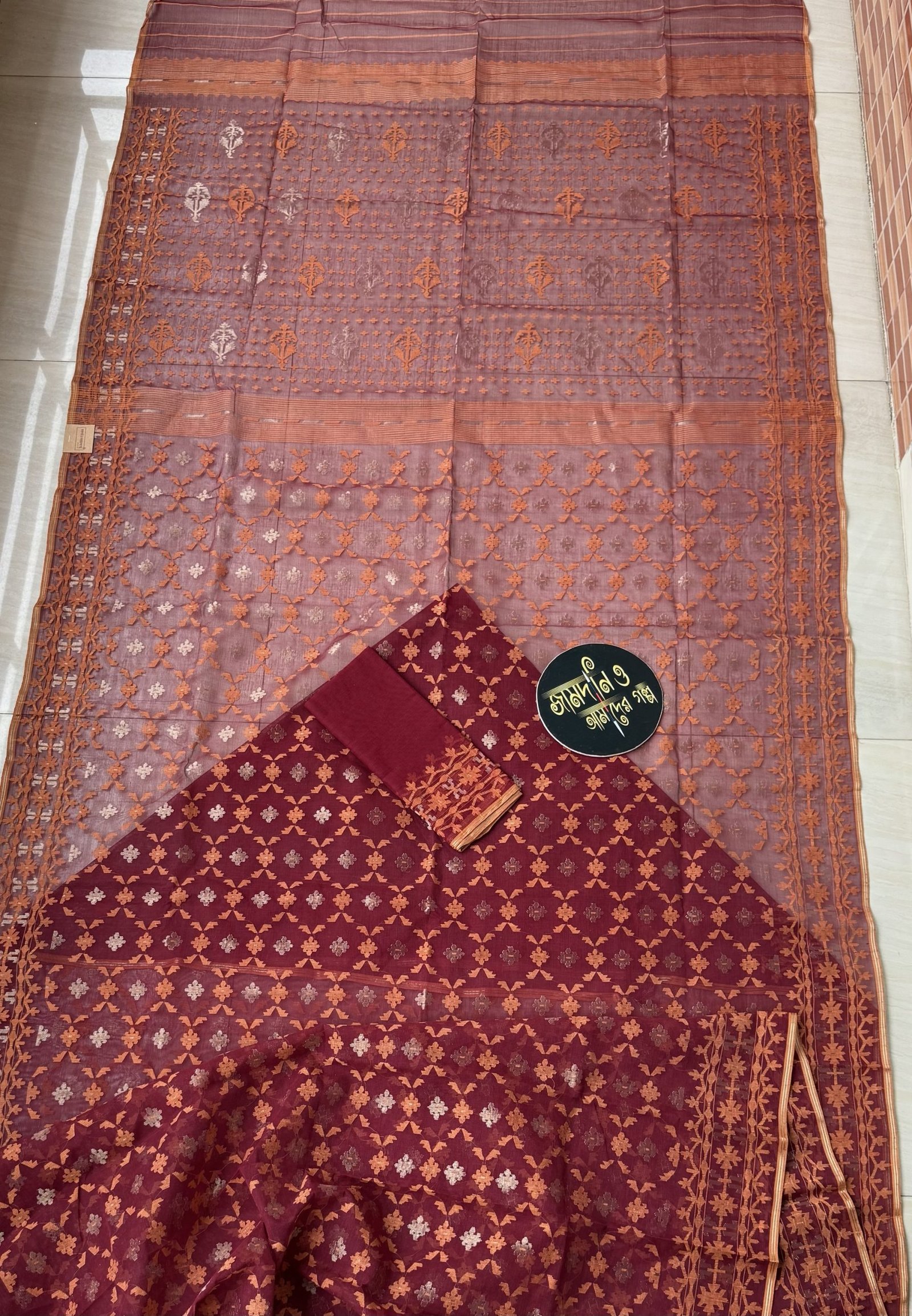 Maroon Orange Cotton Jamdani - Image 14