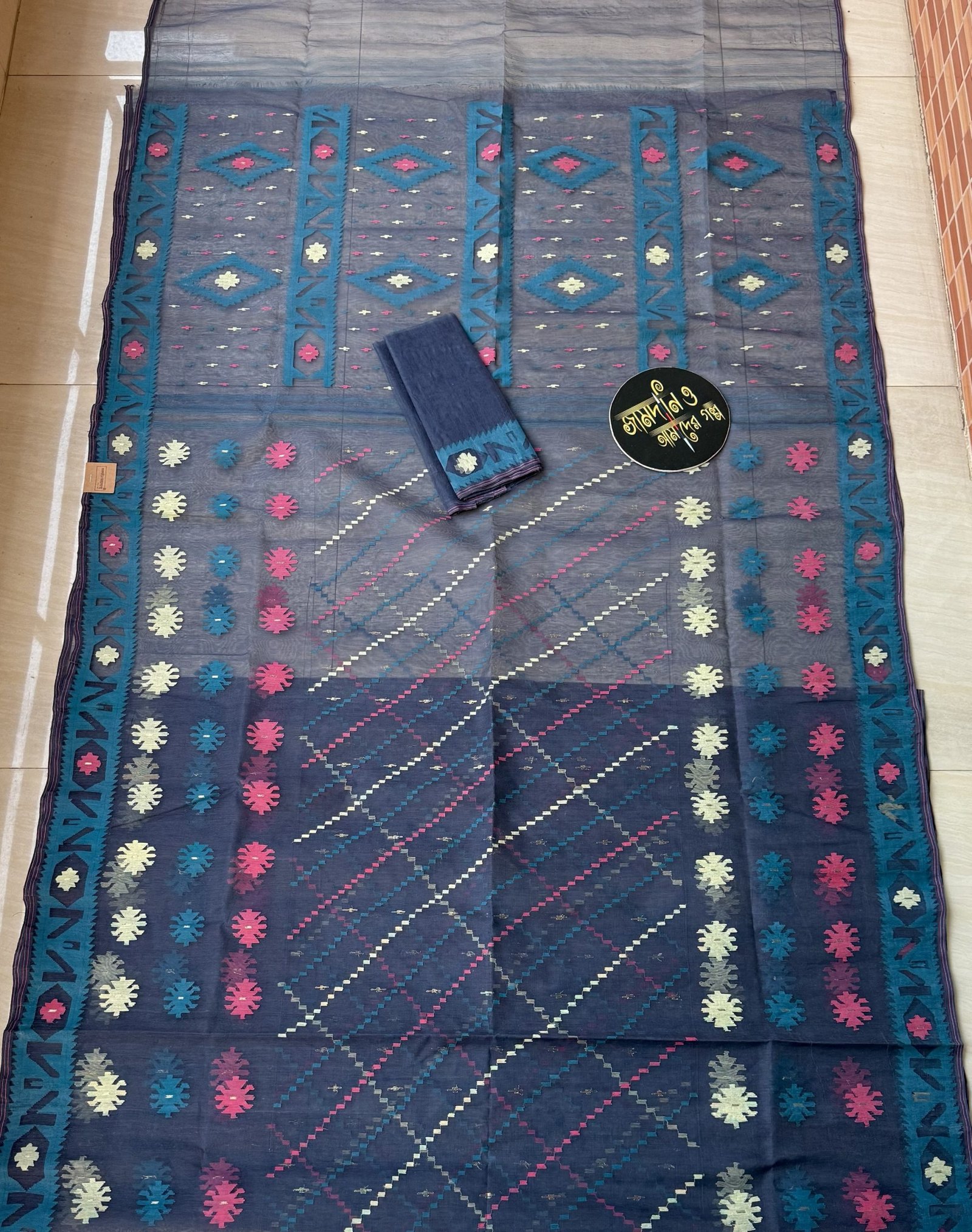 Faded Midnight Blue Halfsilk Jamdani - Image 9