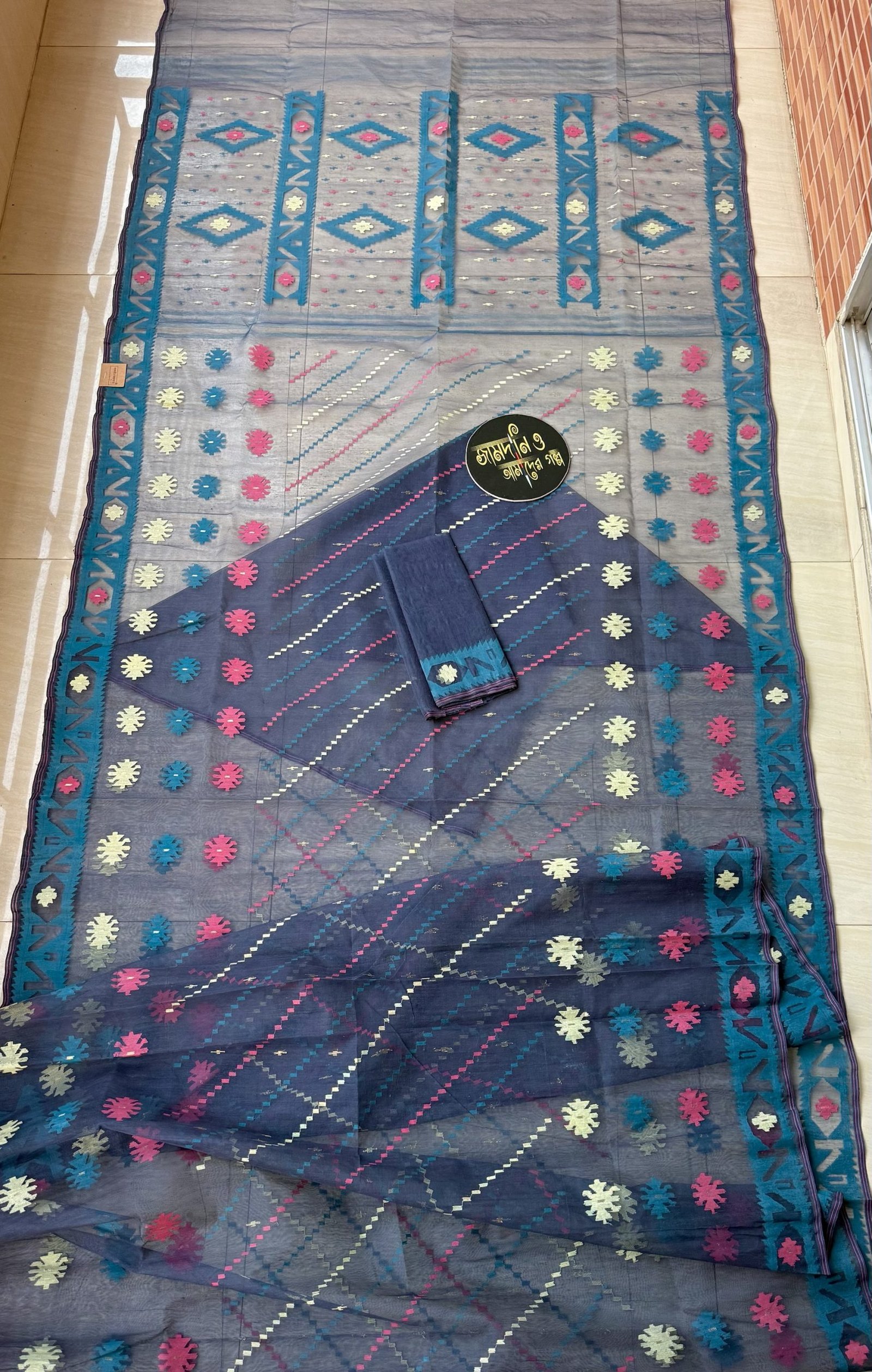 Faded Midnight Blue Halfsilk Jamdani - Image 10