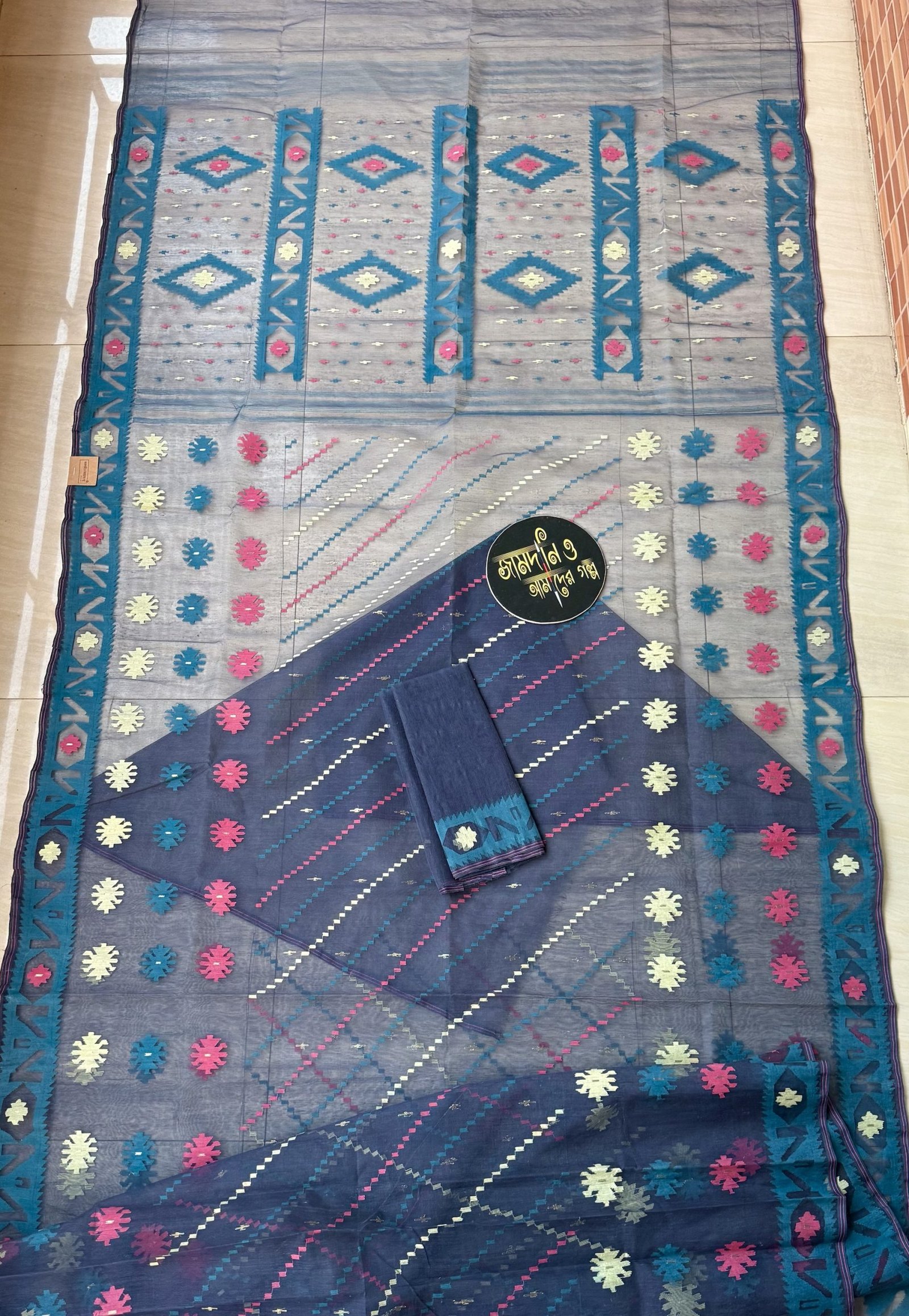 Faded Midnight Blue Halfsilk Jamdani - Image 8