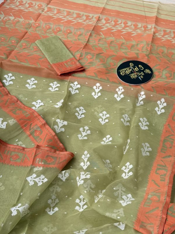 Pistachio Orange Halfsilk Jamdani