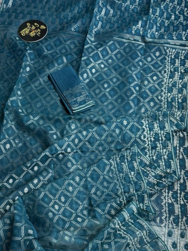 Niloy Teal Golden Halfsilk Jamdani