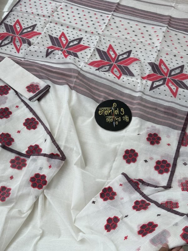 Off White Black Red Cotton Jamdani