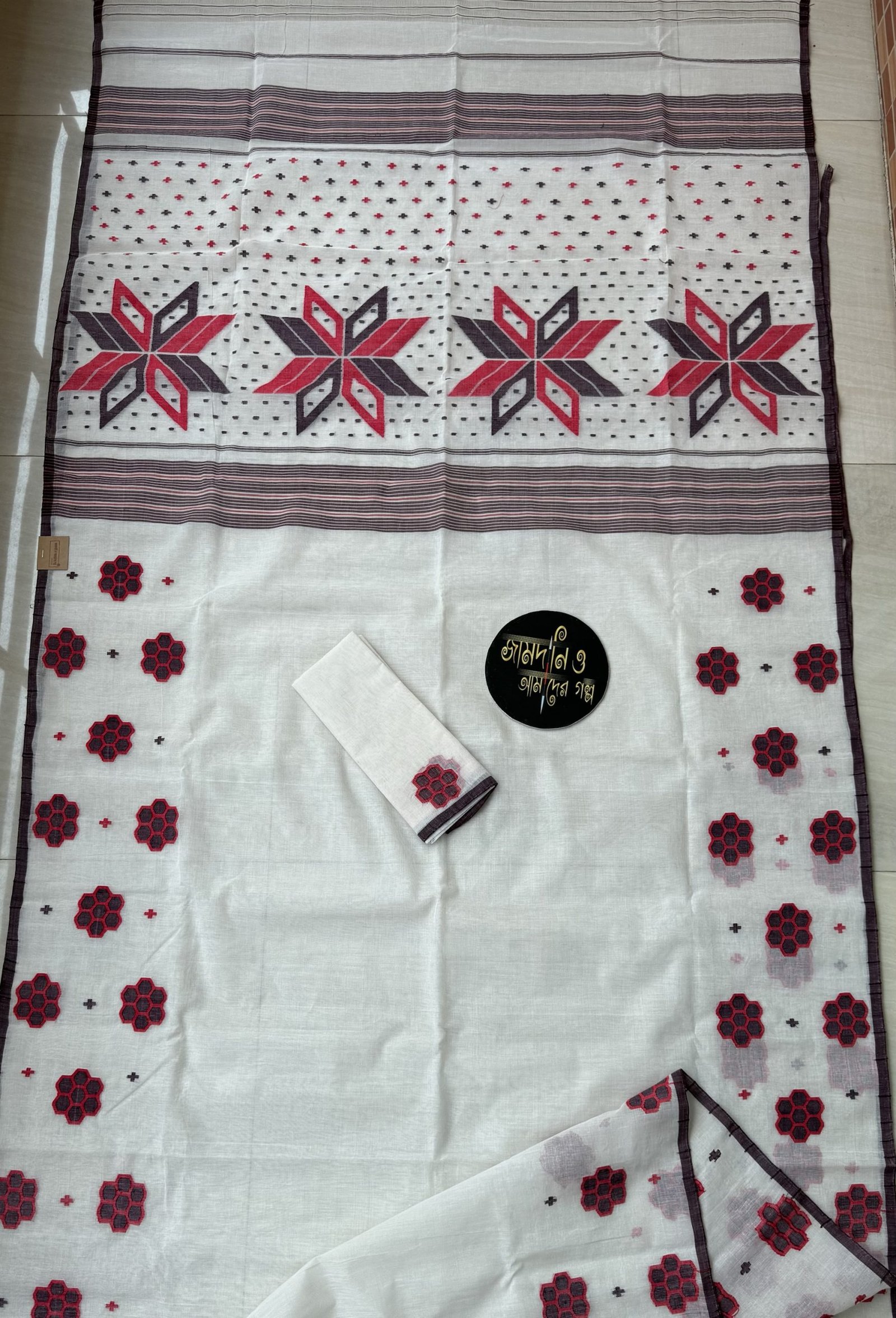 Off White Black Red Cotton Jamdani - Image 6