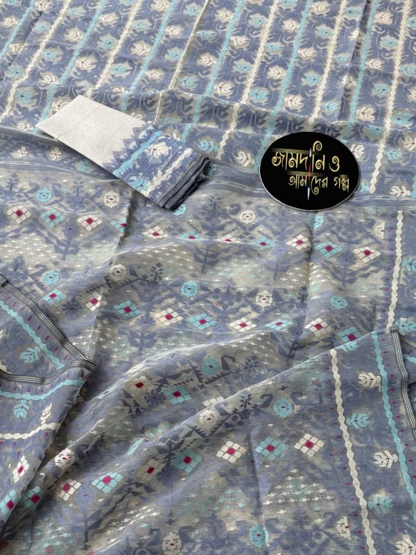 Jamdani Saree Halfsilk Off White and Bluish Gray