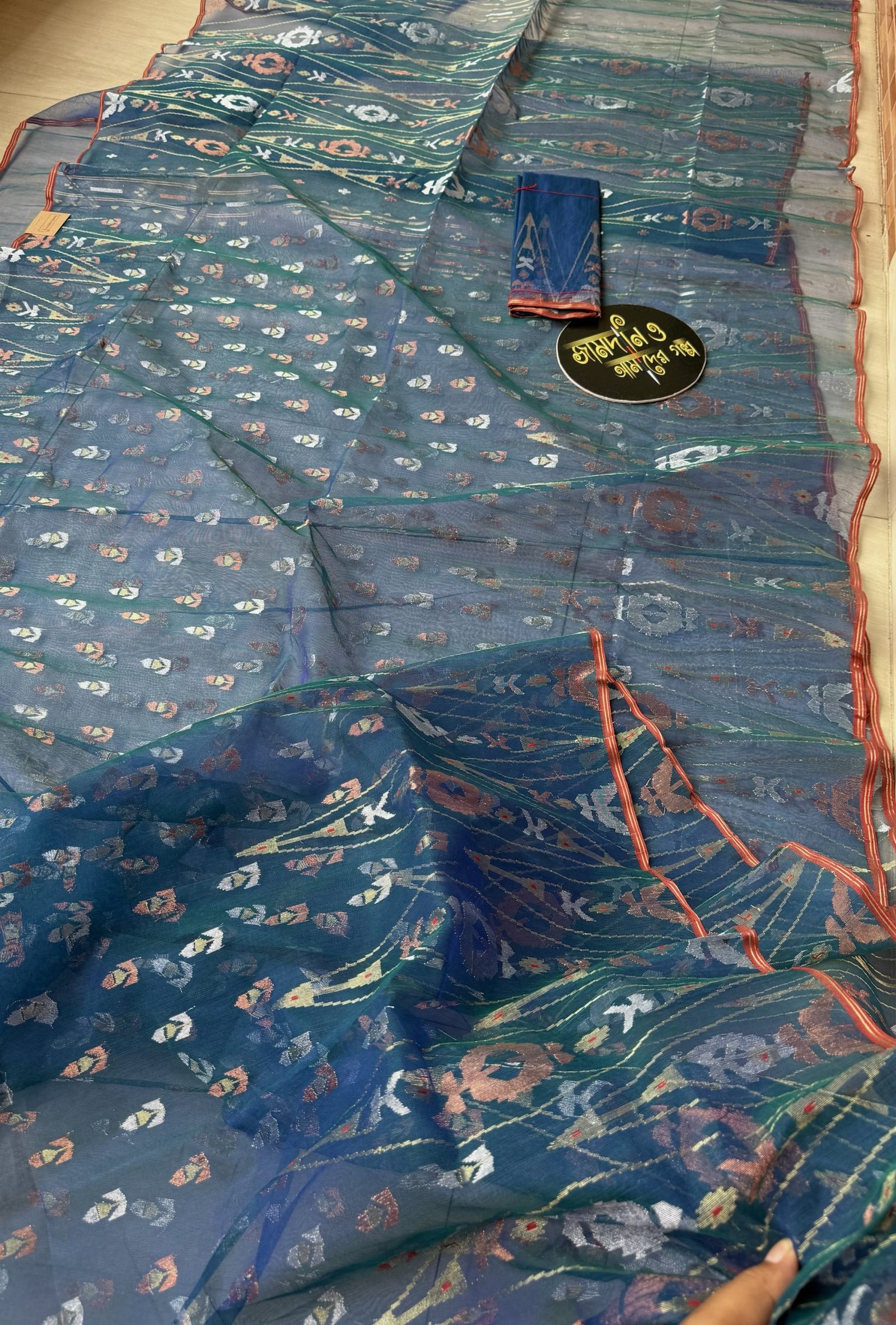 Jamdani Saree Halfsilk Moyurkonthi Blue-Green - Image 6