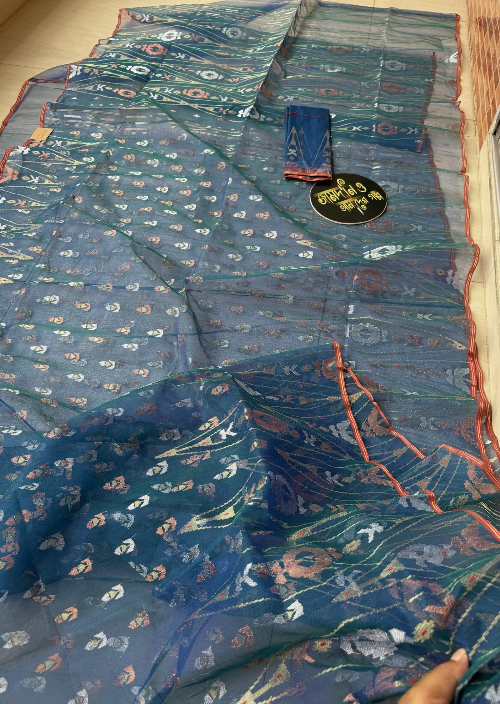 Jamdani Saree Halfsilk Moyurkonthi Blue-Green - Image 3