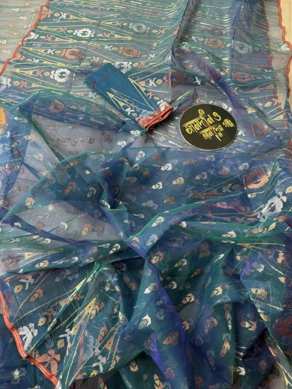 Jamdani Saree Halfsilk Moyurkonthi Blue-Green