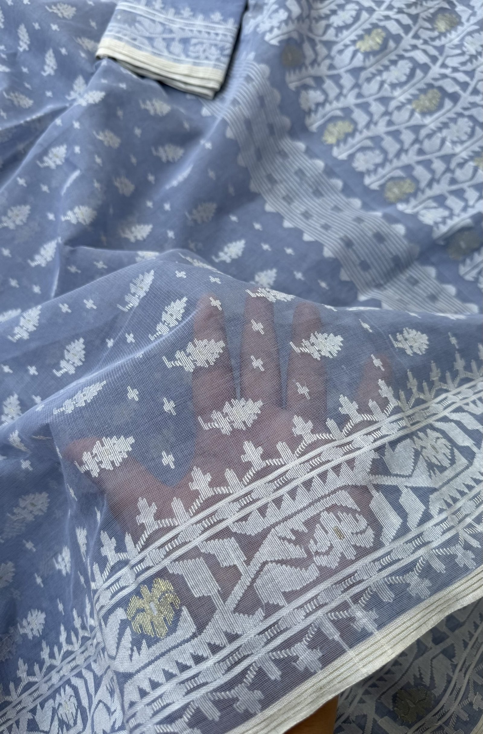 Jamdani Saree Cotton Gray Blue - Image 2
