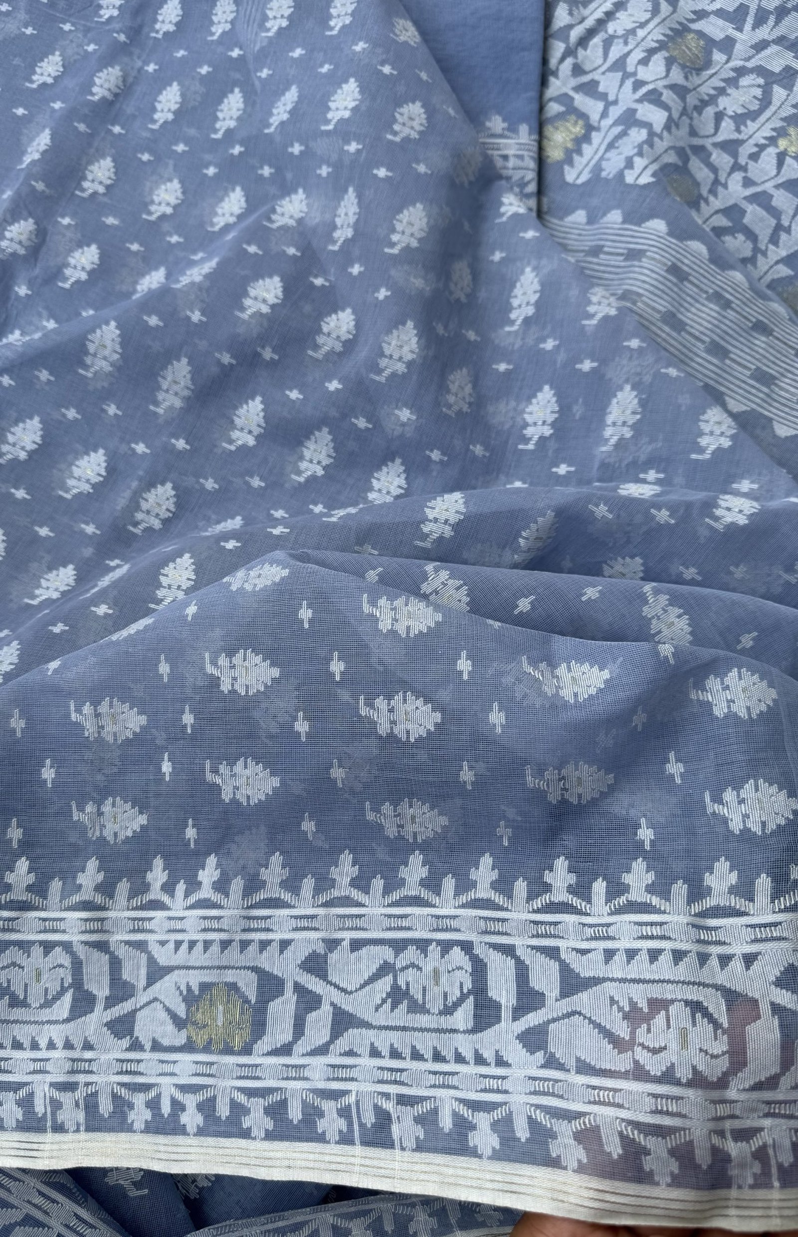 Jamdani Saree Cotton Gray Blue - Image 3