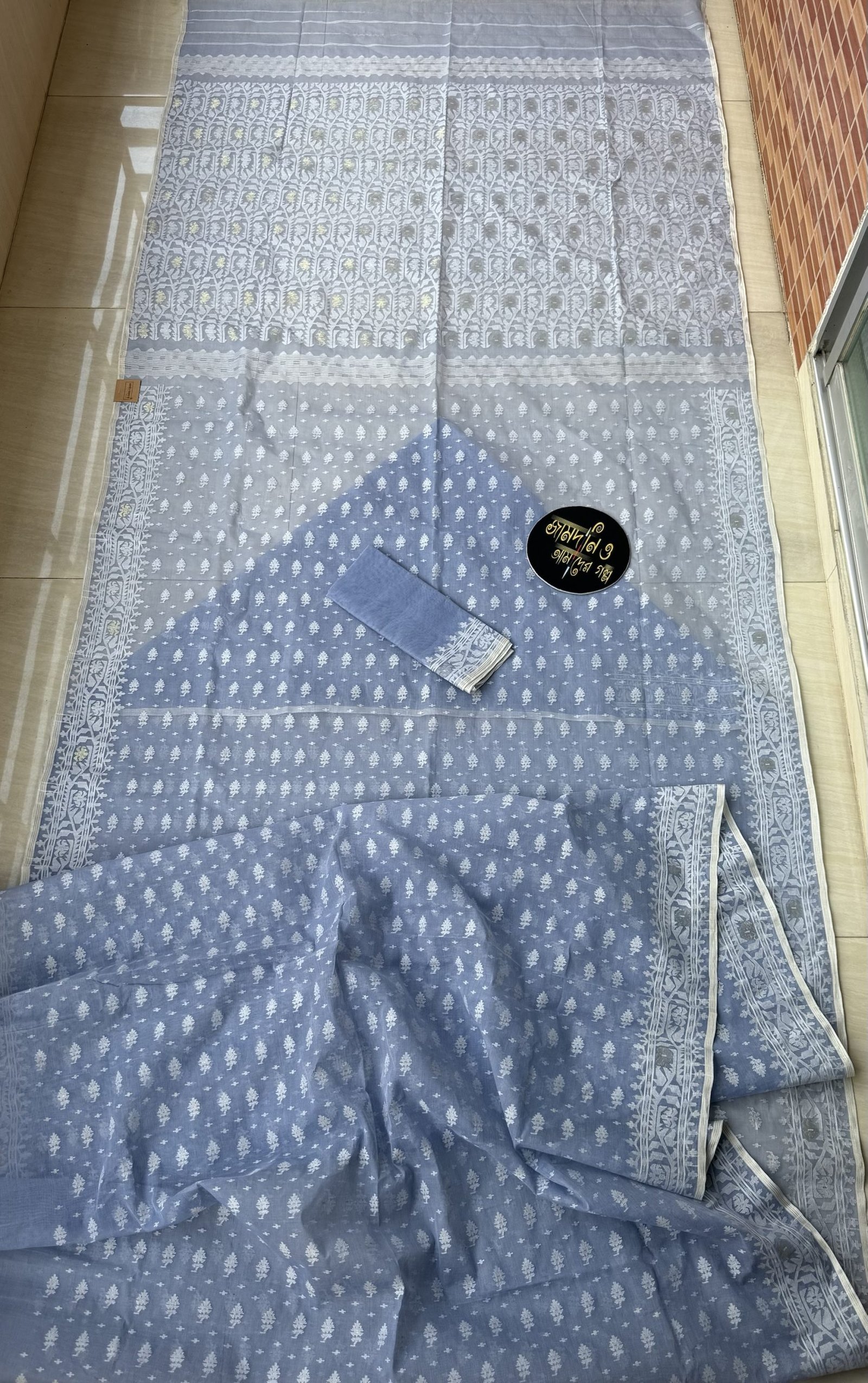 Jamdani Saree Cotton Gray Blue - Image 6