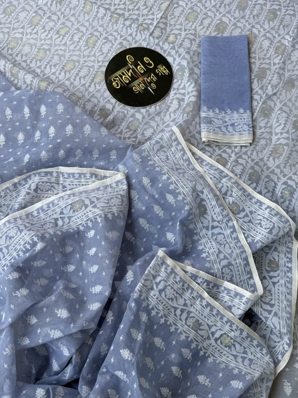 Jamdani Saree Cotton Gray Blue