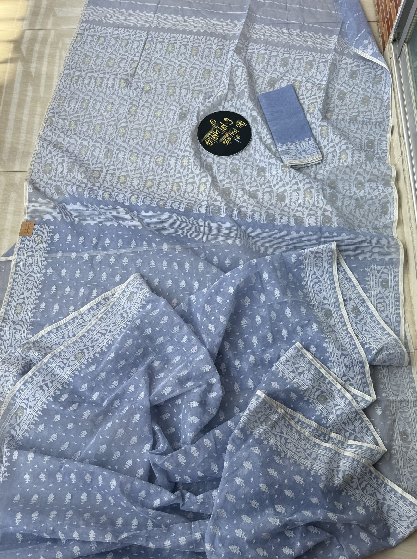 Jamdani Saree Cotton Gray Blue - Image 5