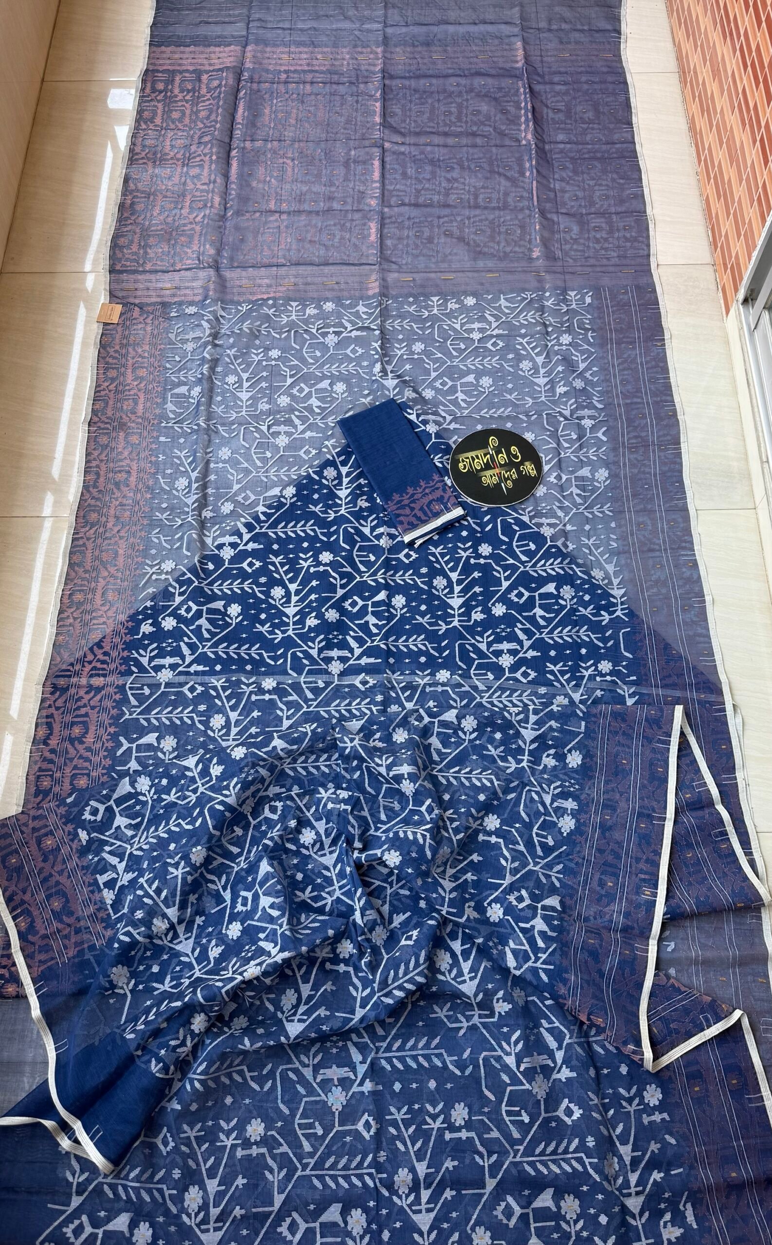 Jamdani Saree Pure Cotton Navy Blue. - Image 6