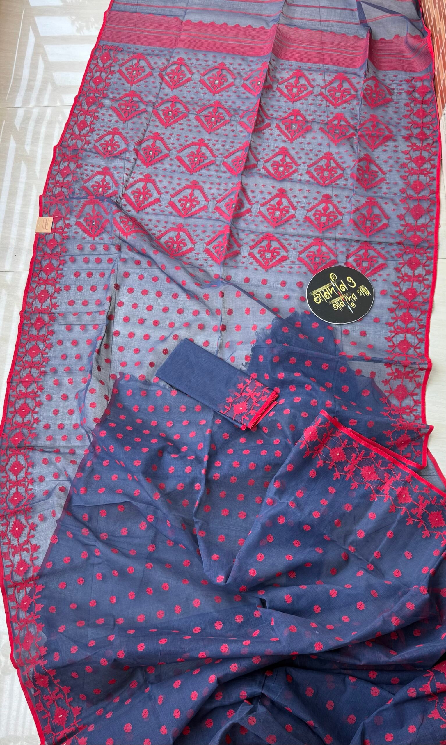 Jamdani Saree Cotton Midnight Blue - Image 5