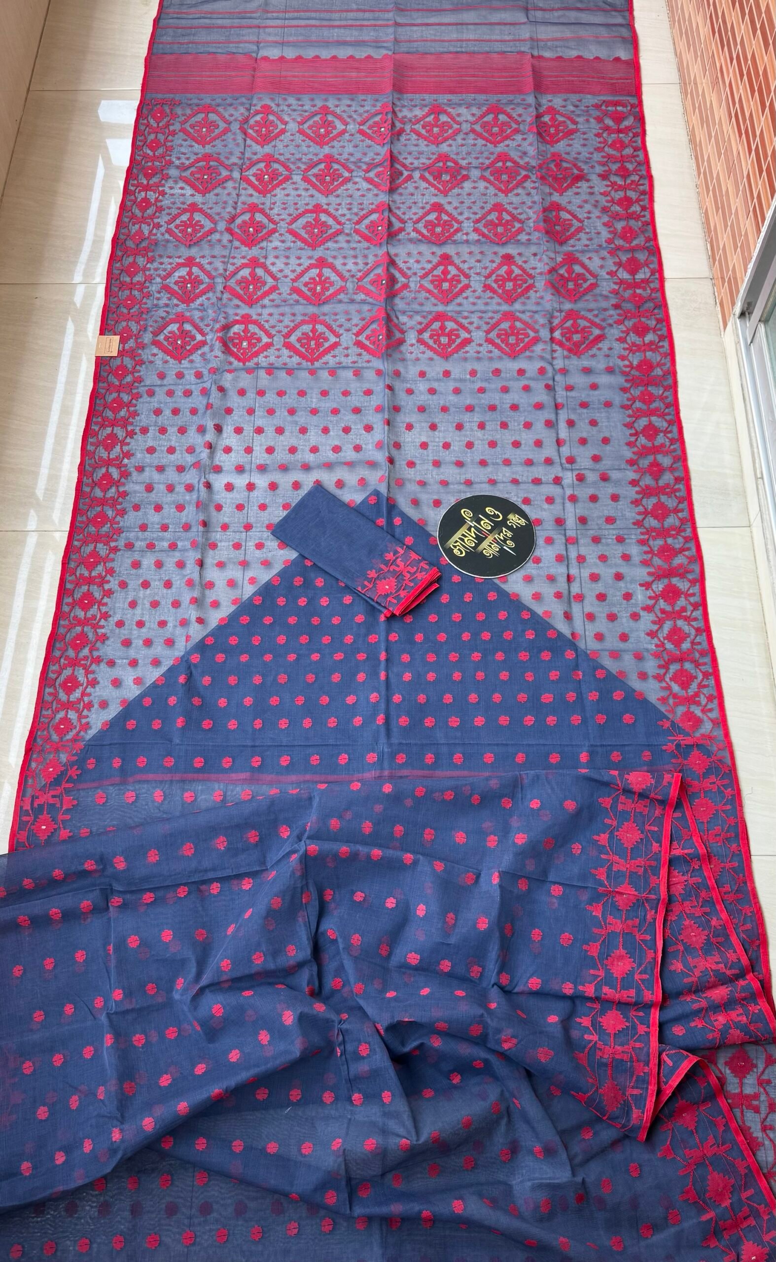 Jamdani Saree Cotton Midnight Blue - Image 6