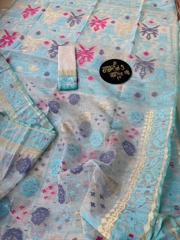 Jamdani Saree Halfsilk White Sky Blue.