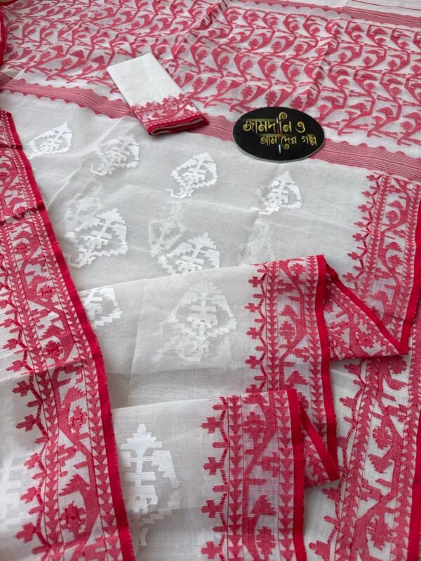 Jamdani Saree Cotton White Red.