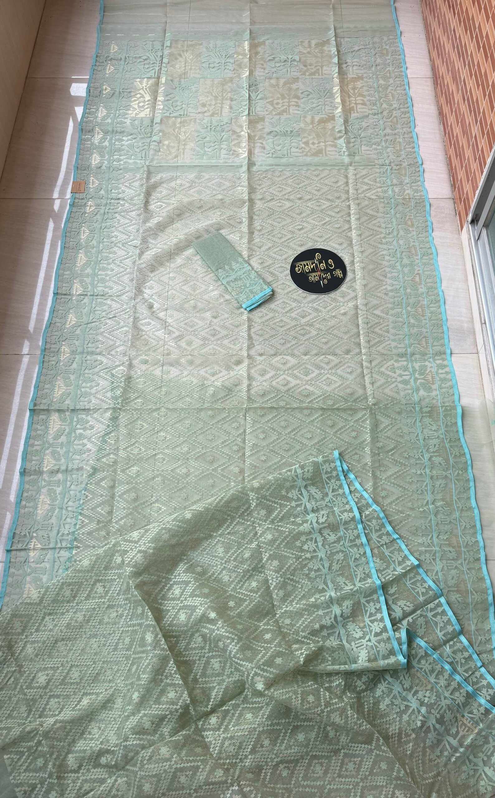 Jamdani Saree Halfsilk Pastel Mint - Image 6