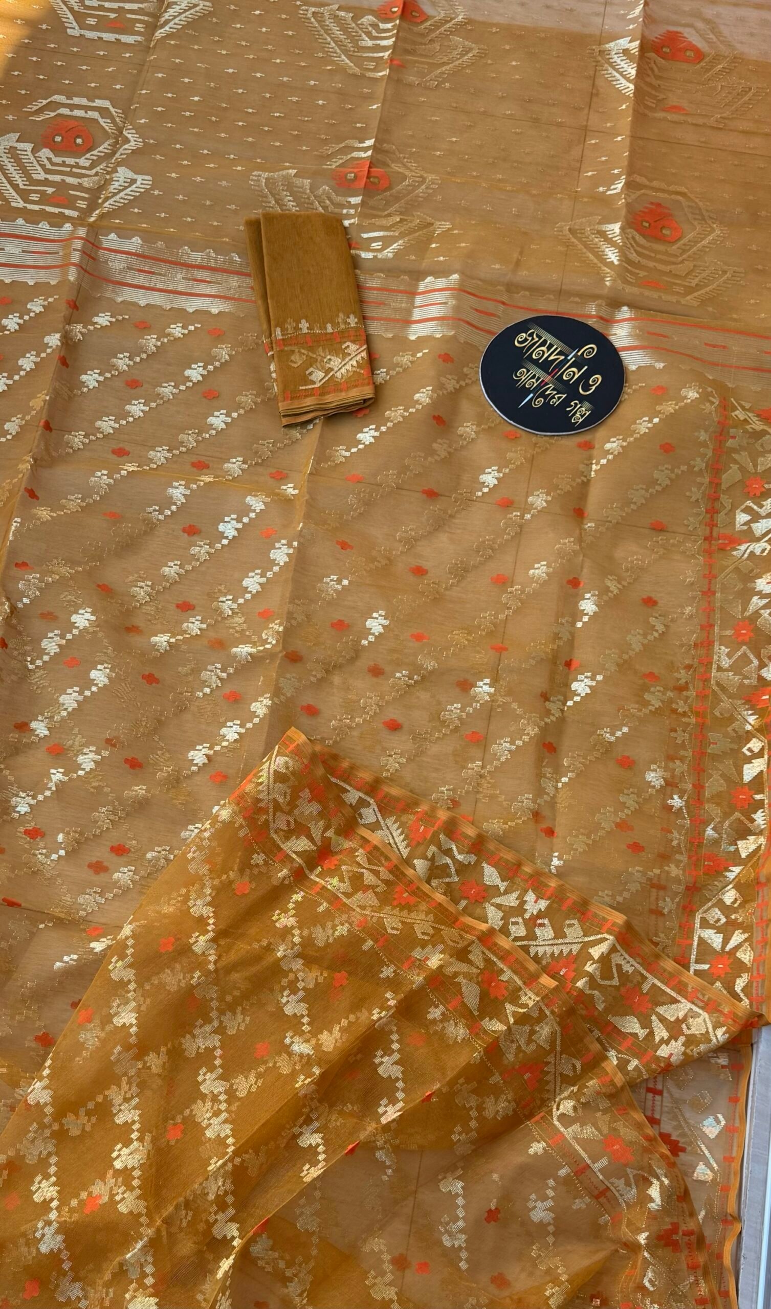 Jamdani Saree Halfsilk Mustard - Image 4