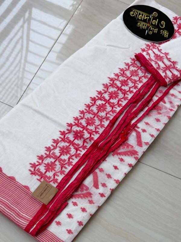 Jamdani Saree Cotton White Red