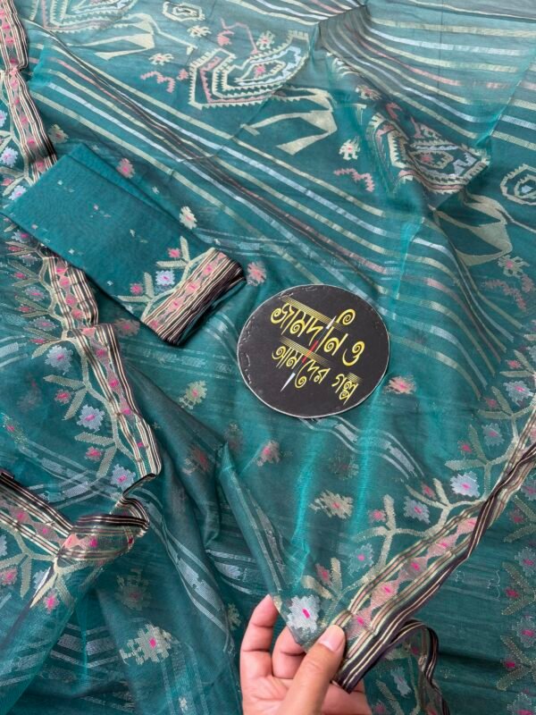 Jamdani Saree Hafsilk Teal Green (Green Coffee Dual)