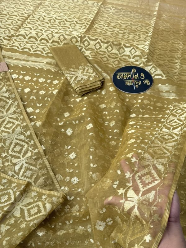 Jamdani Saree Halfsilk Olive Golden