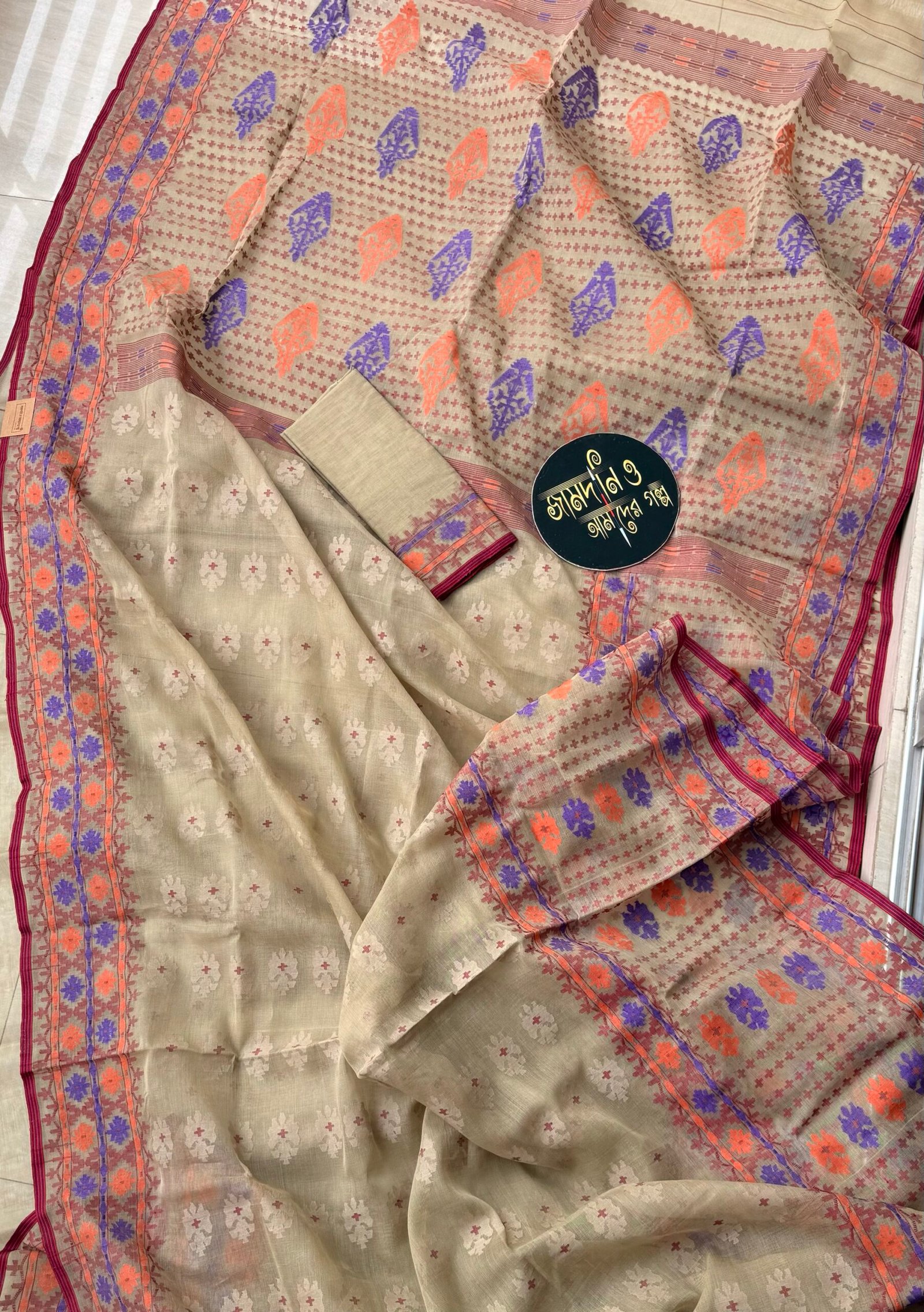 Jamdani Saree Cotton Beige - Image 4