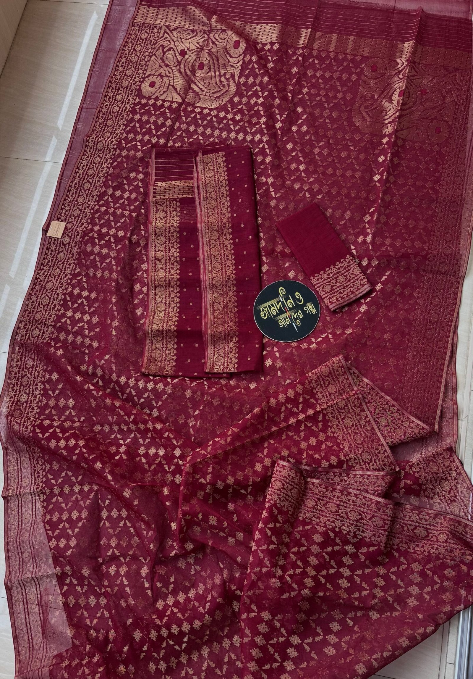 Jamdani Saree Bridal Cotton Dark Maroon - Image 2