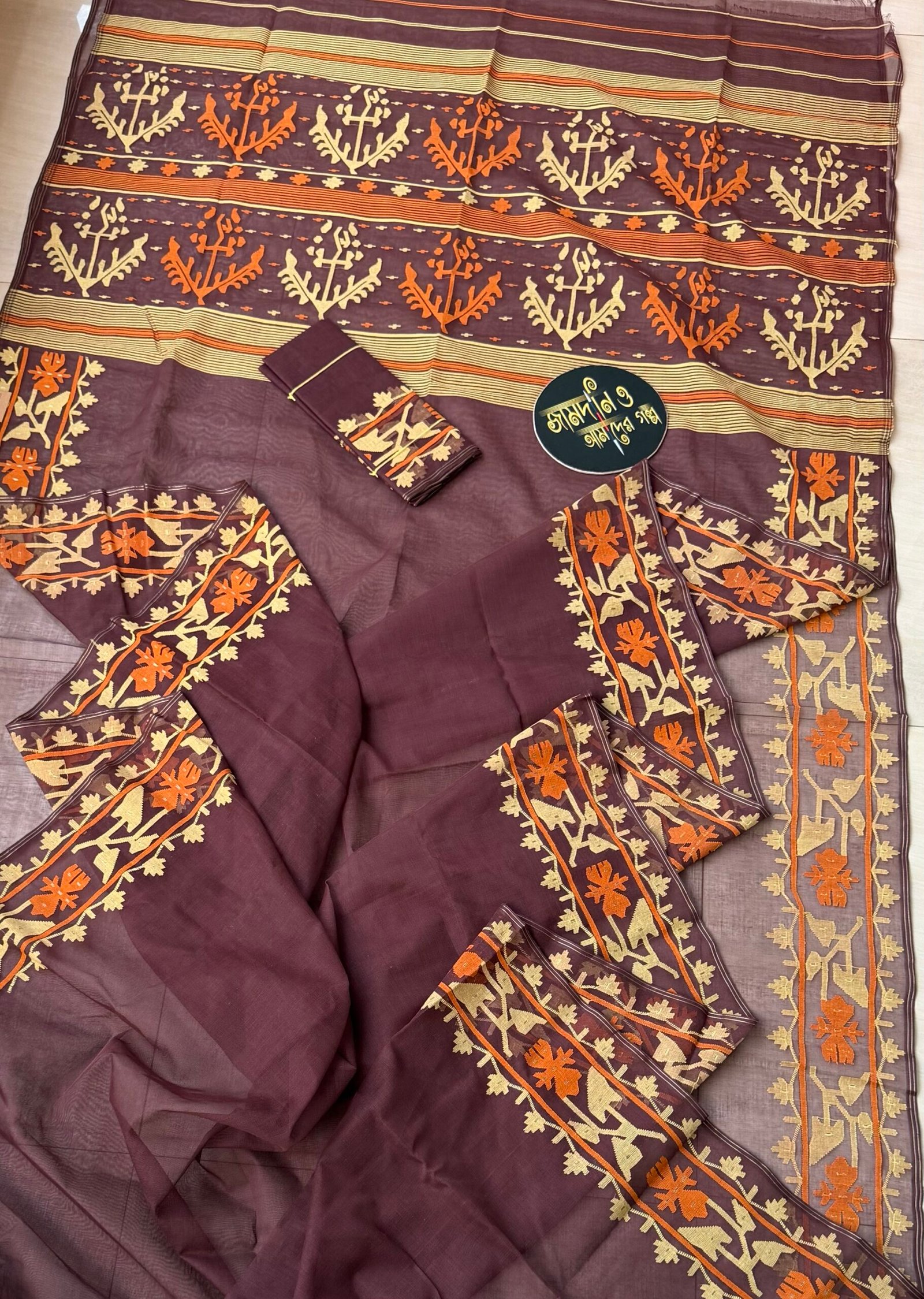 Jamdani saree Pure Cotton chocolate colour - Image 2