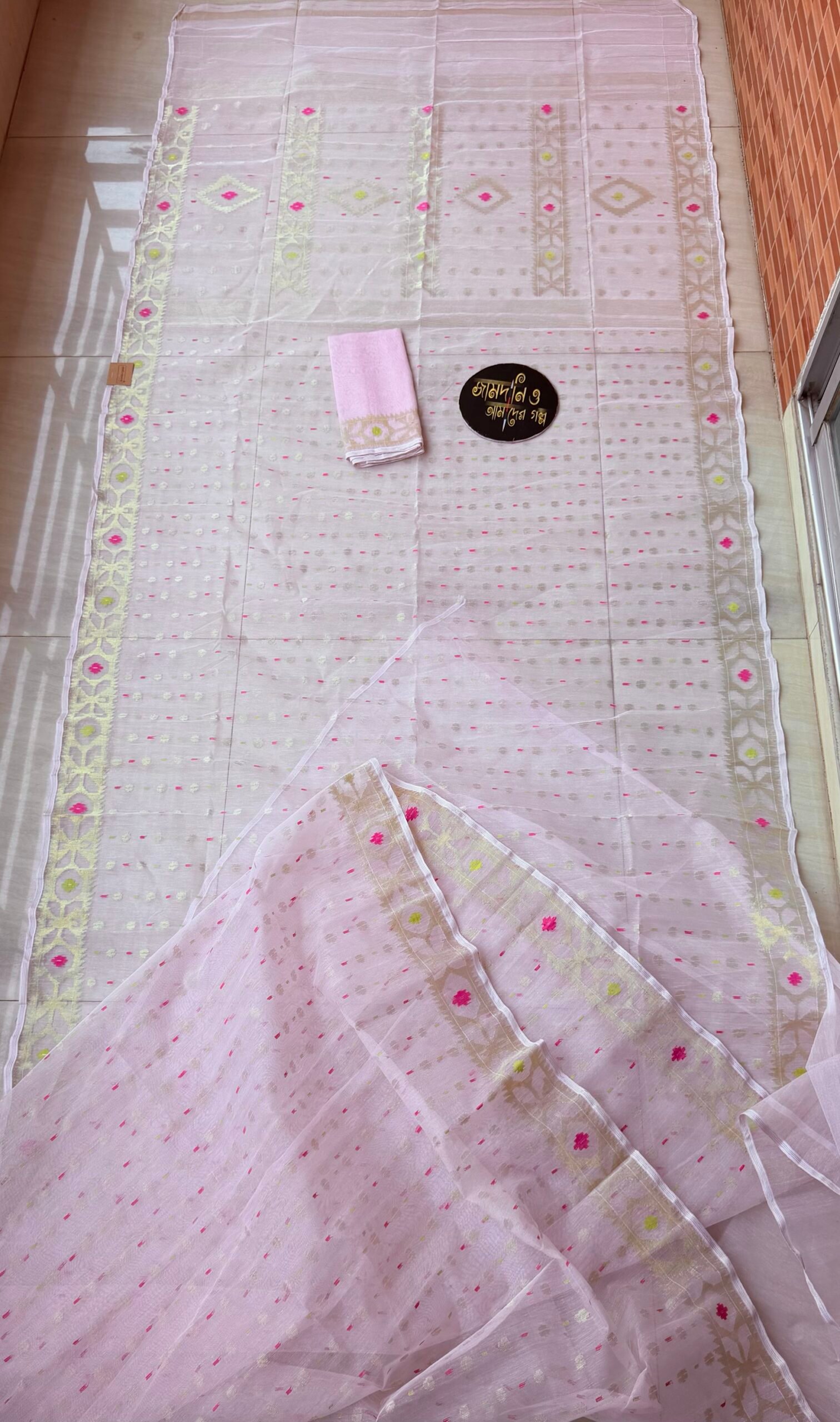 Jamdani Saree Half Silk Light Baby Pink - Image 4