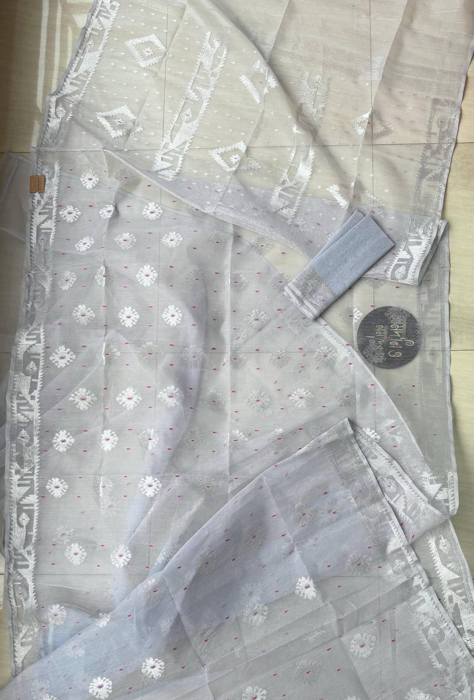 Jamdani Saree Half Silk Ice Blue or Silver Ash - Image 3