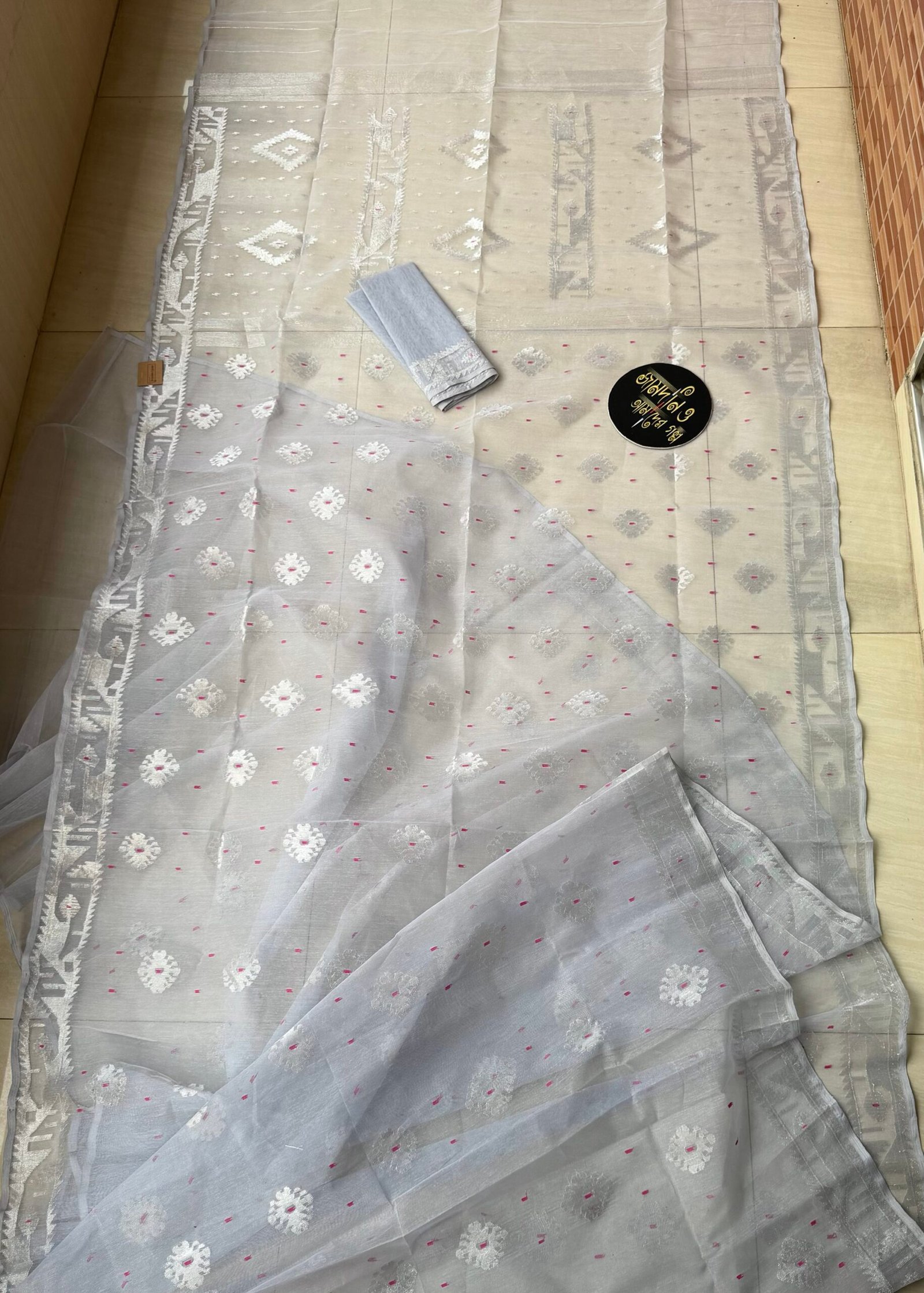 Jamdani Saree Half Silk Ice Blue or Silver Ash - Image 4