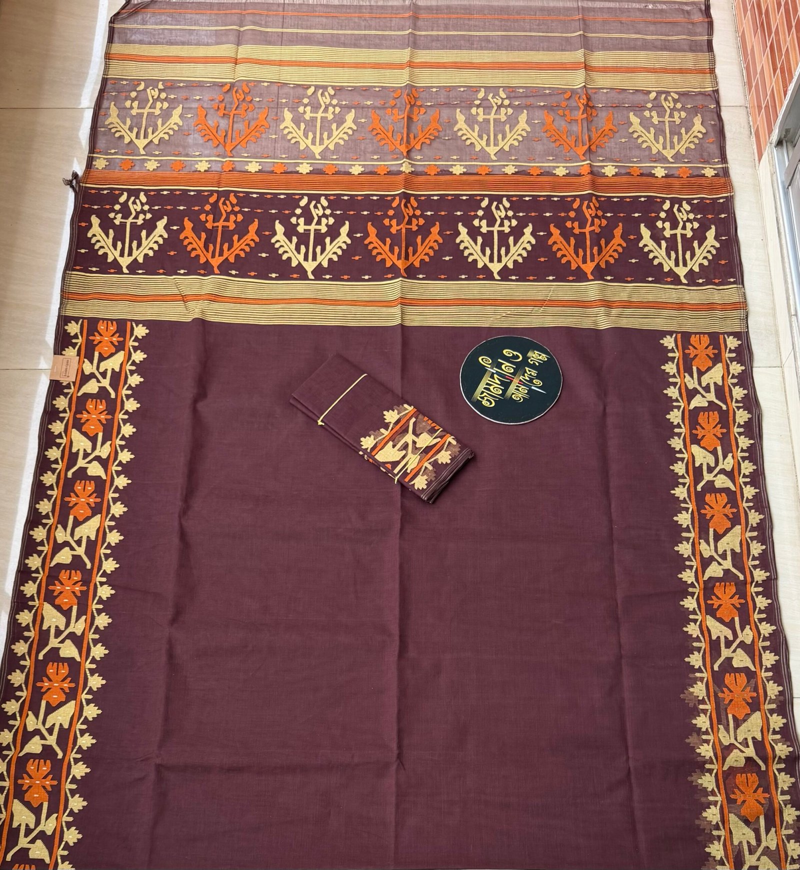Jamdani saree Pure Cotton chocolate colour - Image 4